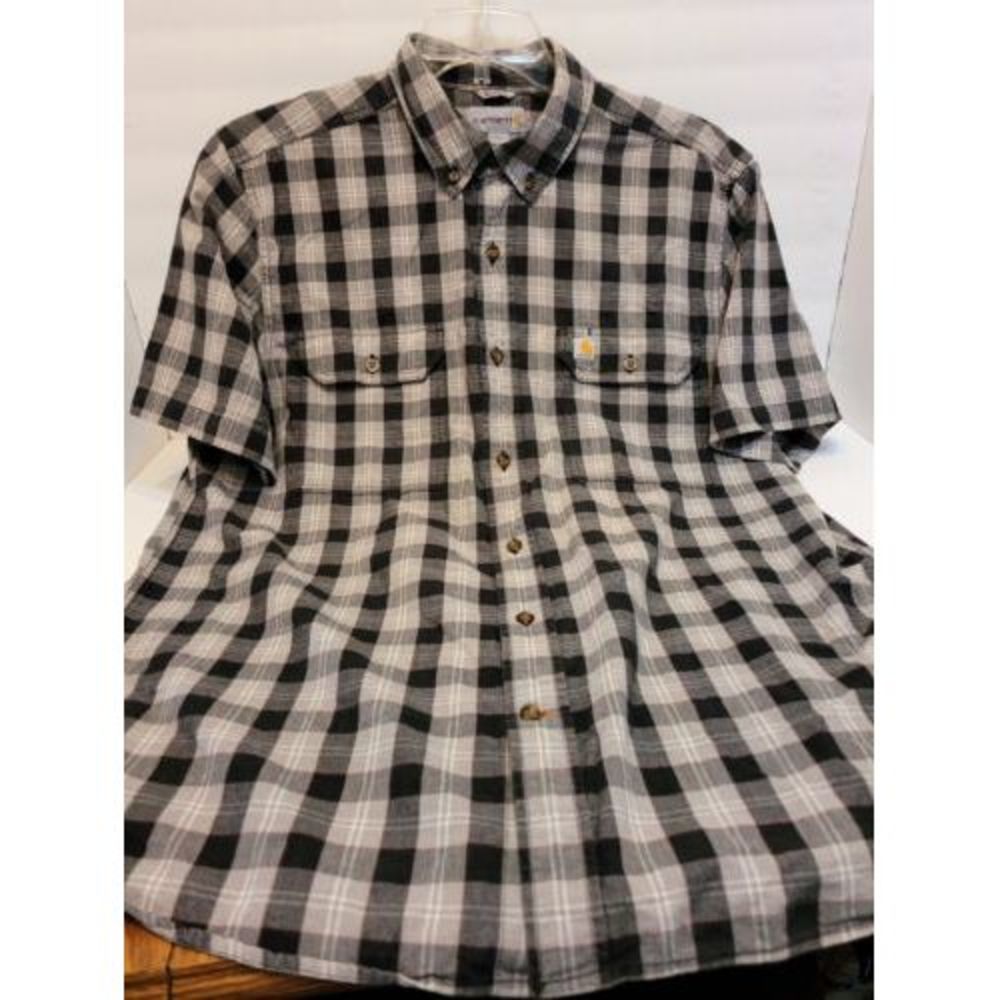 Carhartt Button Down Shirt Men Large Black Grey Plaid Excellent Relaxed Fit SS